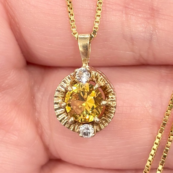 Jewelry - Vintage 10K Yellow Topaz Pendant, Small Petite, CZ Accent, Golden Regal Style